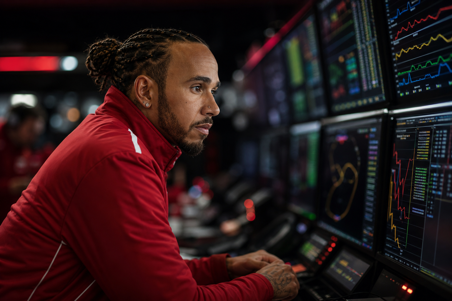 Lewis Hamilton reviewing telemetry