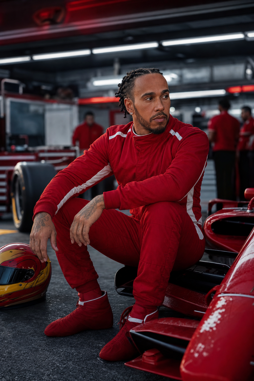 Lewis Hamilton in the garage