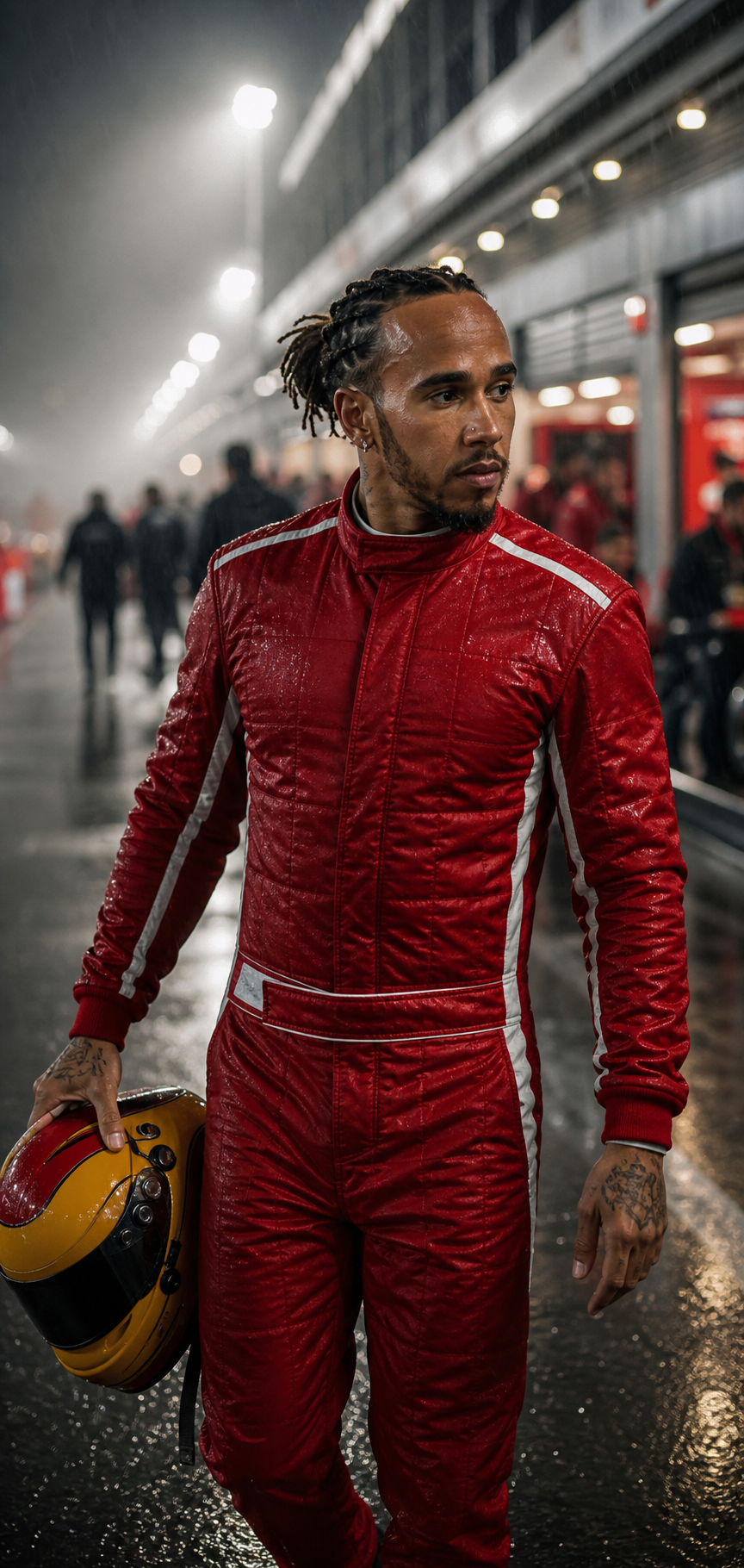 Lewis Hamilton in a wet pit lane